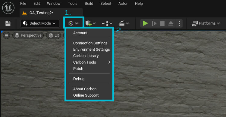 Accessing the Carbon Menu from the UE5 main toolbar