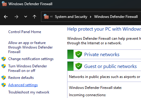 Opening advanced settings in the Firewall menu
